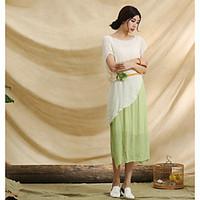 Women\'s Going out Vintage Loose Dress, Solid Round Neck Maxi Short Sleeve Linen Summer Mid Rise Inelastic Thin