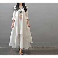 Women\'s Casual/Daily Loose Swing Dress, Solid Round Neck Maxi ¾ Sleeve Linen Spring Summer Mid Rise Inelastic Thin
