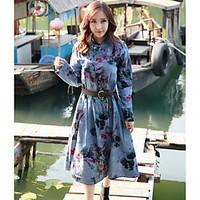 Women\'s Casual/Daily A Line Dress, Floral V Neck Knee-length Long Sleeve Polyester Summer High Rise Micro-elastic Thin