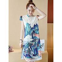 womens holiday loose dress print stand knee length short sleeve linen  ...