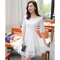 Women\'s Casual/Daily A Line Dress, Solid Round Neck Above Knee ½ Length Sleeve Cotton Summer Mid Rise Inelastic Thin