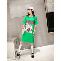 Women\'s Casual/Daily T Shirt Dress, Print Round Neck Knee-length Short Sleeve Cotton Summer Mid Rise Micro-elastic Thin