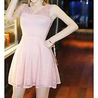 Women\'s Casual/Daily Simple Lace Dress, Solid V Neck Above Knee Sleeveless Others Summer Mid Rise Stretchy Medium