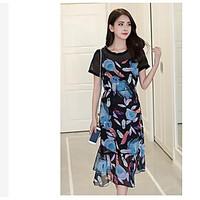 womens casualdaily simple loose dress print round neck midi short slee ...