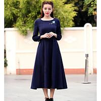 Women\'s Casual/Daily Simple Loose Dress, Solid Round Neck Midi Long Sleeve Polyester Summer Mid Rise Inelastic Thin