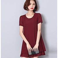 Women\'s Casual/Daily Simple Loose Dress, Solid Round Neck Above Knee Short Sleeve Polyester Summer Mid Rise Inelastic Thin