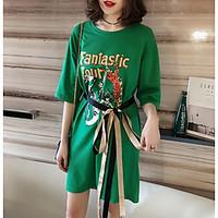 Women\'s Casual/Daily T Shirt Dress, Print Round Neck Above Knee Short Sleeve Cotton Summer Mid Rise Micro-elastic Thin