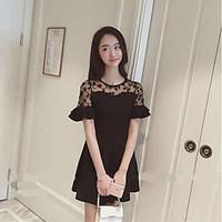 Women\'s Casual/Daily Simple Lace Dress, Solid Round Neck Above Knee Short Sleeve Polyester Spring High Rise Micro-elastic Thin