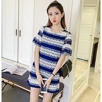 Women\'s Casual/Daily Shift Dress, Striped Round Neck Above Knee Short Sleeve Polyester Summer Mid Rise Micro-elastic Thin