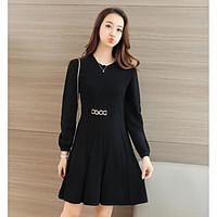 Women\'s Casual/Daily Sheath Dress, Solid Round Neck Above Knee Long Sleeve Rayon Spring Fall Mid Rise Inelastic Medium