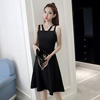 Women\'s Casual/Daily Little Black Dress, Solid Strap Midi Sleeveless Polyester Summer High Rise Micro-elastic Thin