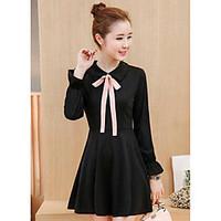 Women\'s Casual/Daily A Line Dress, Solid Shirt Collar Above Knee Long Sleeve Cotton Summer High Rise Micro-elastic Thin