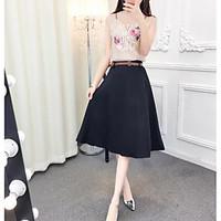 Women\'s Casual/Daily Street chic Spring Summer T-shirt Skirt Suits, Solid Round Neck Half Sleeve