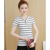 Women\'s Casual/Daily Simple Summer T-shirt Pant Suits, Striped V Neck Short Sleeve