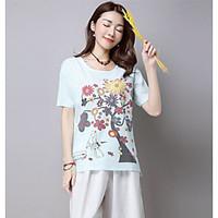 Women\'s Daily Cute T-shirt, Solid Flower Round Neck Short Sleeve Linen