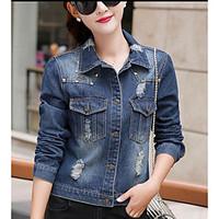 Women\'s Going out Casual/Daily Cute Street chic Spring Fall Denim Jacket, Solid Square Neck Long Sleeve Short Cotton