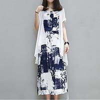 Women\'s Casual Sheath Dress, Print Round Neck Midi Short Sleeve Cotton Spring Mid Rise Micro-elastic Medium