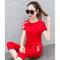 Women\'s Athletic Casual Simple Active Summer T-shirt Pant Suits, Solid Round Neck Short Sleeve Micro-elastic
