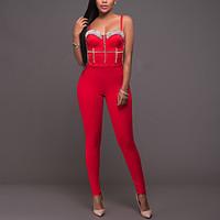 Women\'s High Rise Work Going out Casual/Daily Jumpsuits Sexy Simple Skinny Backless Hollow Strap Beads Summer Fall Red/Black
