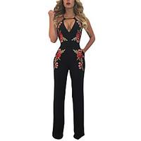 Women\'s High Rise Work Going out Casual/Daily Jumpsuits Sexy Simple Slim Bootcut Pure Color Sexy Embroidered Hollow Summer Fall Black