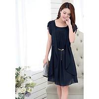 Women\'s Casual Loose Dress, Solid Scalloped Knee-length Short Sleeve Polyester Summer Mid Rise Micro-elastic Medium