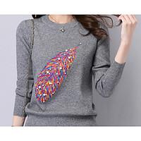 Women\'s Going out Casual/Daily Simple Regular Pullover, Solid Print Round Neck Long Sleeve Acrylic Spring Fall Medium Micro-elastic
