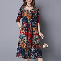 Women\'s Casual/Daily Round Neck Long Sleeve Knee-length Chinoiserie Print Dress