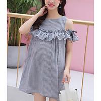 Women\'s Going out Vintage Tunic Dress, Striped Round Neck Above Knee Short Sleeve Cotton Summer Mid Rise Micro-elastic Medium