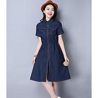 Women\'s Casual/Daily Simple Denim Dress, Solid Shirt Collar Maxi Short Sleeve Cotton Spring Summer Mid Rise Micro-elastic Medium