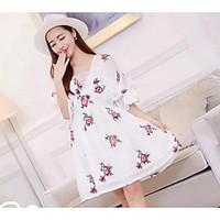 Women\'s Going out Skater Dress, Solid Floral Round Neck Above Knee Short Sleeve Silk Summer Mid Rise Micro-elastic Medium