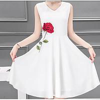 Women\'s Casual/Daily Simple A Line Dress, Print V Neck Knee-length Sleeveless Cotton Summer Mid Rise Micro-elastic Medium