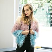 womens street chic loose fur coat color block round neck long sleeve f ...