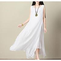 Women\'s Casual/Daily Swing Dress, Solid Round Neck Maxi Sleeveless Linen Summer Mid Rise Micro-elastic Thin