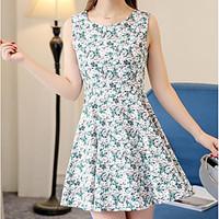 Women\'s Going out A Line Dress, Floral Round Neck Above Knee Sleeveless Cotton Summer High Rise Micro-elastic Thin