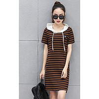 Women\'s Going out Casual/Daily Sheath Dress, Striped Round Neck Asymmetrical Short Sleeve Polyester Summer Mid Rise Micro-elastic Medium
