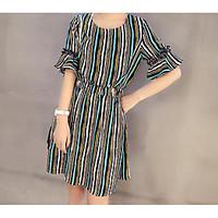 Women\'s Casual/Daily Simple Summer T-shirt Skirt Suits, Striped Round Neck 3/4-Length Sleeve Micro-elastic