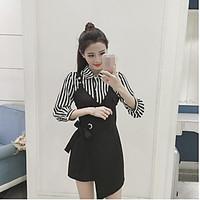Women\'s Casual/Daily Street chic Spring Shirt Skirt Suits, Solid Striped Round Neck Short Sleeve