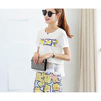 Women\'s Casual/Daily Street chic Summer T-shirt Pant Suits, Letter Round Neck Short Sleeve Printing Micro-elastic