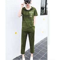 Women\'s Casual/Daily Simple Summer T-shirt Pant Suits, Solid Hooded Short Sleeve Micro-elastic