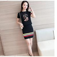 Women\'s Casual/Daily Street chic Spring T-shirt Skirt Suits, Solid Round Neck Short Sleeve strenchy