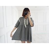 Women\'s Casual/Daily A Line Dress, Solid Round Neck Mini ½ Length Sleeve Linen Spring Mid Rise Inelastic Medium