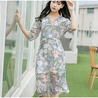 Women\'s Going out Casual/Daily Beach Swing Dress, Floral V Neck Midi Short Sleeve Others Spring Summer Mid Rise Micro-elastic Medium