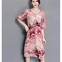 Women\'s Going out Loose Dress, Floral Round Neck Knee-length ½ Length Sleeve Polyester Spring Summer Mid Rise Micro-elastic Thin