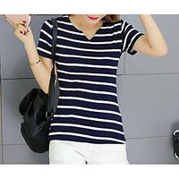 Women\'s Going out Casual/Daily Simple Summer T-shirt, Striped Round Neck Short Sleeve Cotton Medium