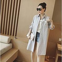 Women\'s Casual/Daily Simple Spring Trench Coat, Striped Peter Pan Collar Long Sleeve Long Cotton Linen Patchwork