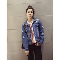 Women\'s Going out Casual/Daily Vintage Street chic Sophisticated Spring Fall Denim Jacket, Solid Shirt Collar Long Sleeve Short Cotton