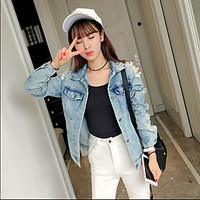 Women\'s Casual/Daily Cute Summer Fall Denim Jacket, Solid Shirt Collar ½ Length Sleeve Short Cotton