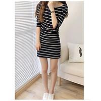 Women\'s Casual/Daily Bodycon Dress, Striped Round Neck Knee-length ½ Length Sleeve Cotton Summer Low Rise Micro-elastic Medium