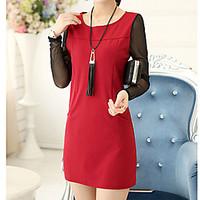 Women\'s Casual/Daily Simple Sheath Dress, Solid Round Neck Above Knee Long Sleeve Cotton Spring Summer Mid Rise Micro-elastic Medium