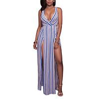 Women\'s Party Club Holiday Sexy Simple Street chic Sheath DressStriped Deep V Maxi Sleeveless Backless Split Bow Spring Summer High Rise